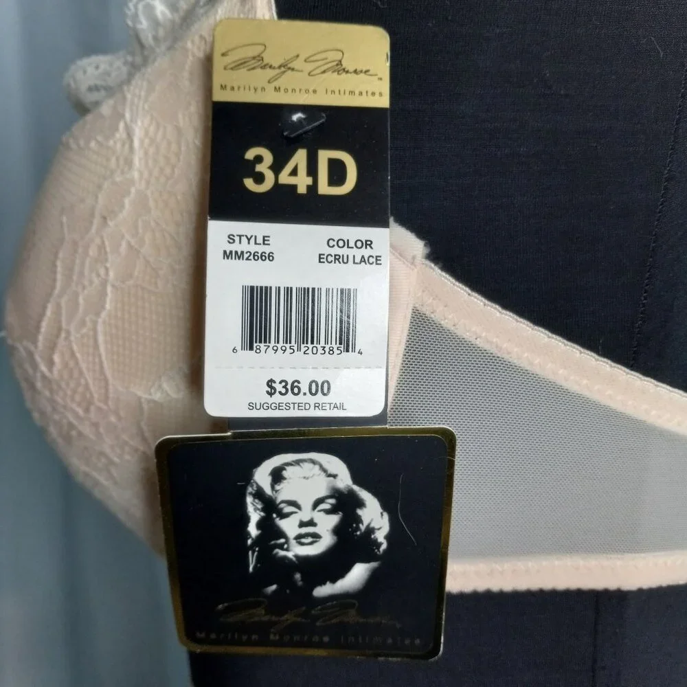 Marilyn Monroe Intimates 34D Bra Ecru Lace Underwire Adjustable Straps NEW